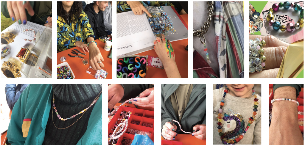 Es werden Bilder angezeigt. Zu sehen sind verschiedene Schmuckstücke und Menschen beim Erstellen von Schmuck.